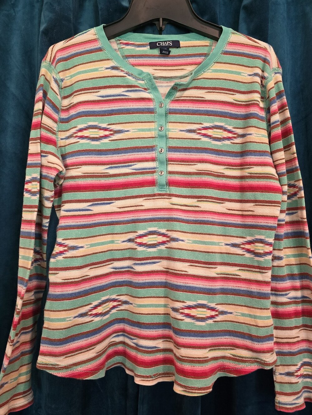 Chaps Multicolor Striped Henley Top with Turquoise Placket 100% Cotton